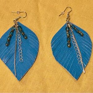 Plunder Teal Leaf Earrings with Blue Beaded Accents and Gold Chain 3.5”